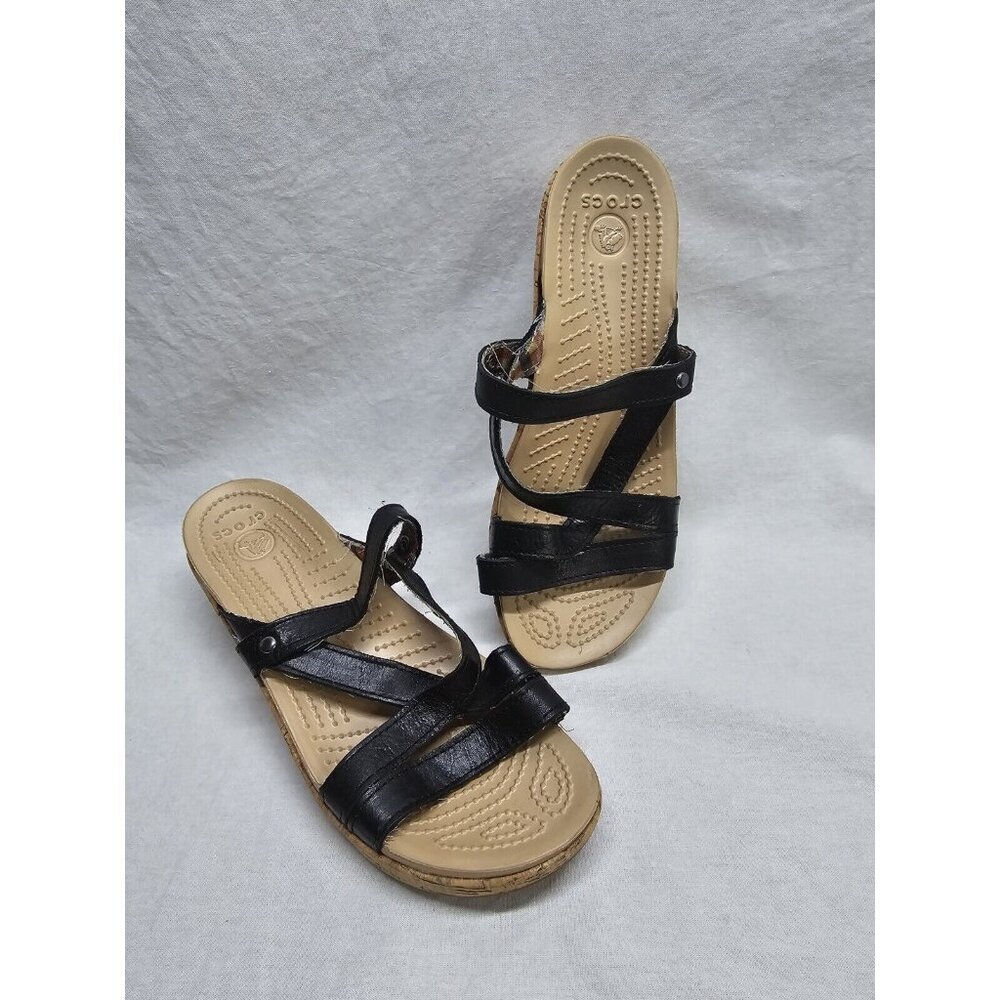 Crocs Women's A-Leigh Strappy Mini Leather Wedge Sandals Size 6 Black
